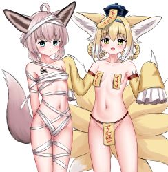 Rule 34 | 2girls, :d, :o, absurdres, ahoge, animal ears, arknights, bandages, blonde hair, blue background, blue eyes, blue hairband, blue headwear, blush, braid, braided hair rings, breasts, brown hair, collarbone, commentary, detached sleeves, english commentary, fox ears, fox girl, fox tail, frilled sleeves, frills, green eyes, hair between eyes, hair rings, hairband, hat, highres, kitsune, kyuubi, long sleeves, looking at viewer, mini hat, multicolored hair, multiple girls, multiple tails, naked bandage, navel, nude, ofuda, open mouth, parted lips, qingdai guanmao, rylaera, simple background, sleeves past fingers, sleeves past wrists, small breasts, smile, sussurro (arknights), suzuran (arknights), tail, twin braids, two-tone hair, variant set, white hair, yellow sleeves