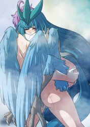 Rule 34 | 1boy, 1girl, absurdly long hair, articuno, artist name, bird legs, blue feathers, blue hair, blue lips, blue wings, closed eyes, commentary, creatures (company), english commentary, feathered wings, feathers, game freak, gen 1 pokemon, harpy, hetero, highres, ice, implied sex, kinkymation, legendary pokemon, long hair, monster girl, nintendo, nude, personification, pokemon, sex, suspended congress, sweat, talons, very long hair, winged arms, wings