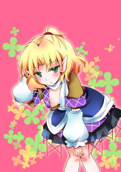 Rule 34 | 1girl, arm warmers, blonde hair, downblouse, female focus, green eyes, highres, leaning forward, mizuhashi parsee, no bra, ogakuru, open clothes, open shirt, pointy ears, ponytail, scarf, shirt, short hair, solo, touhou