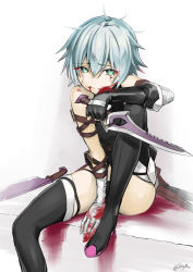 Rule 34 | 1girl, absurdres, arm strap, asymmetrical gloves, bandaged hand, between legs, black footwear, black gloves, blood, blood on face, boots, dagger, elbow gloves, facial scar, fate/apocrypha, fate (series), fingerless gloves, gloves, green eyes, hair between eyes, hand between legs, highres, holding, holding dagger, holding knife, holding weapon, jack the ripper (fate/apocrypha), knife, looking at viewer, nishibi mitsuba, scar, scar across eye, scar on cheek, scar on face, short hair, silver hair, single glove, sitting, sleeveless, solo, thigh boots, thighhighs, twitter username, uneven gloves, weapon