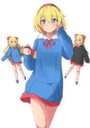 Rule 34 | 1girl, alice margatroid, alternate costume, arms up, blonde hair, blue eyes, blue hoodie, blush, book, bow, bright pupils, contrapposto, cowboy shot, doll joints, drawstring, grimoire, hair between eyes, hair bow, hairband, hand in own hair, highres, holding, holding book, hood, hood down, hoodie, jewelry, joints, lolita hairband, long hair, long sleeves, looking at viewer, matching hourai, matching shanghai, mizune (winter), puppet rings, puppet strings, ring, shanghai doll, short hair, simple background, smile, solo, standing, touhou, very long hair, white background, white pupils
