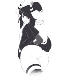 Rule 34 | 1girl, animal ears, ass, bad id, bad tumblr id, breasts, curvy, greyscale, hip focus, horns, huge ass, looking at viewer, looking back, medium breasts, monochrome, no panties, obj shep, original, sheep ears, sheep girl, sheep horns, sheep tail, solo, striped clothes, striped thighhighs, tail, thick thighs, thighhighs, thighs, wide hips