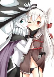 Rule 34 | 10s, 2girls, abyssal ship, aikawa ryou, amatsukaze (kancolle), bdsm, black panties, blush, bondage, bound, breasts, dress, garter straps, green eyes, hair between eyes, hair tubes, hat, highres, kantai collection, licking, licking another&#039;s cheek, licking another&#039;s face, light frown, long hair, looking at viewer, medium breasts, multiple girls, navel, pale skin, panties, sailor dress, shibari, shibari over clothes, silver hair, simple background, small breasts, tongue, tongue out, two side up, underwear, white background, wo-class aircraft carrier