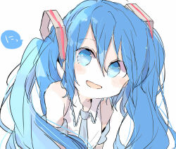 Rule 34 | 1girl, aqua necktie, bare shoulders, blue eyes, blue hair, blush, collared shirt, commentary request, detached sleeves, hair between eyes, hair ornament, hatsune miku, highres, long hair, looking at viewer, necktie, open mouth, shirt, simple background, sleeveless, sleeveless shirt, smile, solo, speech bubble, translation request, twintails, upper body, vocaloid, white background, white shirt, xxxx saki