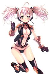 Rule 34 | 1girl, black gloves, black jacket, black legwear, black panties, boots, breasts, gloves, gluteal fold, grey eyes, hair ornament, high heel boots, high heels, highres, iggy (soccer spirits), jacket, looking at viewer, medium breasts, navel, official art, panties, pink hair, pointing, pointing at viewer, reason (ficafe), resized, smile, soccer spirits, transparent background, twintails, underwear, upscaled