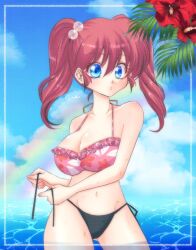 1girl alternate_hairstyle bikini blue_eyes breasts cleavage flower large_breasts lips long_hair navel rainbow ranma-chan ranma_1/2 red_hair saotome_ranma shiny_skin side-tie_bikini_bottom solo swimsuit thong_bikini twintails uehara_doh water wet wide_hips