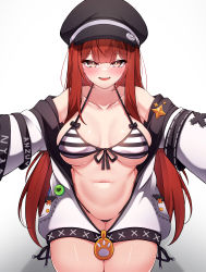 Rule 34 | 1girl, 5danny1206, absurdres, bikini, black hat, breasts, brown eyes, collarbone, curvy, gradient background, grey background, hat, highres, jacket, large breasts, long hair, looking at viewer, md5 mismatch, navel, original, red hair, resolution mismatch, smile, solo, source smaller, striped bikini, striped clothes, swimsuit, thighs, white bikini, white jacket
