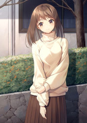 Rule 34 | 1girl, blush, brown eyes, brown hair, brown skirt, building, closed mouth, commentary request, day, earrings, head tilt, hedge, jewelry, kine-c, long hair, looking at viewer, original, outdoors, pleated skirt, skirt, smile, solo, standing, sweater, tree, turtleneck, turtleneck sweater, white sweater, window