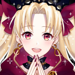 Rule 34 | 1girl, :d, blonde hair, bow, choker, diadem, earrings, ereshkigal (fate), fate/grand order, fate (series), floating hair, hair bow, highres, jewelry, long hair, looking at viewer, mayracle, nail polish, open mouth, portrait, red bow, red eyes, red nails, smile, solo, steepled fingers, twintails