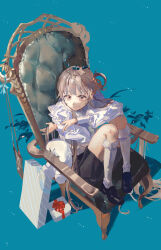 Rule 34 | 1girl, aoaso, black footwear, black skirt, blue background, brown eyes, chair, floating crown, frilled shirt, frilled socks, frills, from above, gift, highres, holding, holding own hair, knees up, leather chair, light brown hair, light smile, loafers, long hair, long sleeves, looking at viewer, original, puffy long sleeves, puffy sleeves, shadow, shirt, shoes, simple background, single hair ring, sitting, skirt, socks, solo, white shirt, white socks