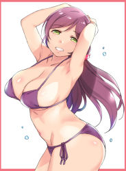 Rule 34 | 1girl, armpits, ass, bikini, border, breasts, clenched teeth, collarbone, duke (inu daimyou), green eyes, hair ornament, hair scrunchie, large breasts, long hair, looking at viewer, love live!, love live! school idol project, low twintails, navel, plump, purple bikini, purple hair, red border, red scrunchie, scrunchie, side-tie bikini bottom, smile, solo, swimsuit, teeth, tojo nozomi, twintails, white background