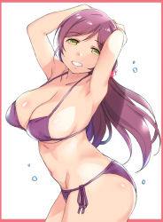 1girl armpits ass bikini border breasts clenched_teeth collarbone duke_(inu_daimyou) green_eyes hair_ornament hair_scrunchie large_breasts long_hair looking_at_viewer love_live! love_live!_school_idol_project low_twintails navel plump purple_bikini purple_hair red_border red_scrunchie scrunchie side-tie_bikini_bottom smile solo swimsuit teeth tojo_nozomi twintails white_background