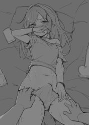 Rule 34 | 2boys, absurdres, bed, blush, bulge, condom, condom packet strip, condom wrapper, covering own mouth, crossdressing, erection, erection under clothes, greyscale, hair intakes, hand up, highres, lan mao akko, long hair, looking at viewer, lying, male focus, monochrome, multiple boys, navel, off-shoulder shirt, off shoulder, on back, original, panties, pov, pov hands, shirt, solo focus, tally, trap, underwear, wristband