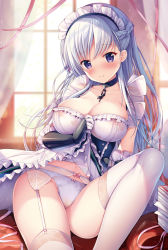 Rule 34 | 1girl, 3:, apron, arm support, artist name, azur lane, belfast (azur lane), blue dress, blurry, blurry background, blush, book, book stack, bow, bow panties, braid, breasts, cameltoe, chain, cleavage, closed mouth, clothes lift, collar, collarbone, curtains, day, depth of field, dress, dress lift, elbow gloves, french braid, frilled gloves, frills, garter belt, garter straps, gauntlets, gloves, hand up, head tilt, highres, indoors, large breasts, lifting own clothes, light particles, long hair, looking at viewer, maid, maid headdress, medium breasts, navel, panties, pink ribbon, purple eyes, ribbon, see-through, sidelocks, silver hair, sitting, skirt, skirt lift, smile, solo, sousouman, sparkle, stomach, thighhighs, underwear, very long hair, wet, wet clothes, white gloves, white panties, white thighhighs, window