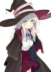 Rule 34 | 1girl, absurdres, azuuru, black hat, black robe, collared shirt, elaina (majo no tabitabi), green eyes, grey hair, hair between eyes, hat, highres, long hair, looking at viewer, majo no tabitabi, open clothes, open robe, robe, shirt, smile, solo, v, white background, white hair, witch, witch hat