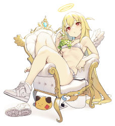 Rule 34 | 1girl, :t, absurdres, air jordan, air jordan 1, angel, angel wings, armpits, bare arms, bare legs, bare shoulders, bikini, blonde hair, blush, breasts, chair, charger, cloba, eating, electrical outlet, eyes visible through hair, feathered wings, food, fruit, grapes, halo, highres, holding, holding food, long hair, looking at viewer, mini wings, nike (company), original, phone, red eyes, shoes, side-tie bikini bottom, simple background, single shoe, sitting, small breasts, sneakers, solo, stomach, string bikini, swimsuit, thighs, very long hair, white background, white bikini, white footwear, wings