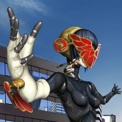 Rule 34 | 2girls, aegis (persona), android, atlus, black hair, blonde hair, bow, city, giant, giantess, joints, kyodairobo, mask, metis (persona), multiple girls, persona, persona 3, ribbon, robot joints, skin tight
