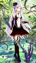Rule 34 | 1girl, black butterfly, black dress, black footwear, boots, braid, breasts, bug, bush, butterfly, closed mouth, commentary request, day, dress, flower, forest, full body, grass, hair flower, hair ornament, high heel boots, high heels, holding, holding staff, insect, long hair, looking at viewer, natsuya (kuttuki), nature, navel, outdoors, pond, purple flower, red eyes, red flower, revealing clothes, short dress, side braid, single braid, small breasts, smile, solo, staff, standing, standing on liquid, venus blade, very long hair, water, white hair