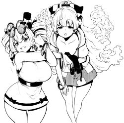 Rule 34 | 2girls, absurdres, alternate costume, bow, breasts, debt, downblouse, drill hair, eyewear on head, hair bow, hat, hat bow, high collar, highres, himajin noizu, hood, hood down, large breasts, leaning forward, long hair, looking at viewer, monochrome, multiple girls, no bra, ribbon, short sleeves, siblings, simple background, sisters, small breasts, stuffed animal, stuffed cat, stuffed toy, sunglasses, top hat, touhou, twin drills, white background, yorigami jo&#039;on, yorigami shion
