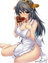 Rule 34 | 10s, 1girl, 2014, apron, bare shoulders, black hair, blush, bow, breasts, brown eyes, chocolate, cleavage, dangan neko, dated, food, frilled apron, frills, hair between eyes, hair ornament, hairband, hairclip, haruna (kancolle), headgear, heart-shaped lock, heart lock (kantai collection), highres, holding, jewelry, kantai collection, lace-trimmed apron, lace trim, large breasts, long hair, looking at viewer, naked apron, necklace, ribbon, ribbon trim, ring, shiny skin, sideboob, simple background, sitting, smile, solo, thighs, toes, valentine, white background, yokozuwari