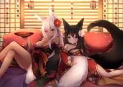 Rule 34 | 2girls, animal ear fluff, animal ears, bare legs, bare shoulders, black hair, black kimono, bowl, breasts, cleavage, collarbone, dark-skinned female, dark skin, eyelashes, feet out of frame, floral print, flower, fluffy, fox ears, fox girl, fox tail, grey hair, hair between eyes, hair flower, hair ornament, highres, holding, holding bowl, japanese clothes, kimono, large breasts, leg up, long hair, looking at viewer, lying, multiple girls, off shoulder, on side, original, pillow, pink eyes, purple eyes, red flower, red kimono, sitting, smile, tail, tail raised, tan, thighs, umou (may65879), white flower, white hair