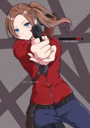 Rule 34 | 1girl, aiming, aiming at viewer, blue eyes, blue pants, brown hair, character name, claire redfield, closed mouth, cowboy shot, gun, handgun, highres, holding, holding gun, holding weapon, holster, jacket, long hair, long sleeves, looking at viewer, nalu, own hands together, pants, parted bangs, ponytail, red jacket, resident evil, resident evil 2, solo, thigh strap, twitter username, weapon