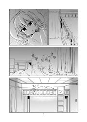Rule 34 | 10s, 1girl, alternate costume, alternate hairstyle, bed, bunk bed, chair, chest of drawers, comic, commentary request, cupboard, curtains, desk, greyscale, hair down, hoshino souichirou, indoors, kantai collection, ladder, looking at viewer, lying, monochrome, motion lines, on back, on side, parted lips, pillow, shiranui (kancolle), shirt, short hair, short sleeves, silent comic, under covers