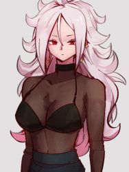 Rule 34 | 1girl, alternate costume, android 21, breasts, closed mouth, dragon ball, dragon ball fighterz, earrings, grey background, hair between eyes, hoop earrings, jewelry, kemachiku, long hair, majin android 21, medium breasts, red eyes, see-through, see-through shirt, simple background, solo, white hair
