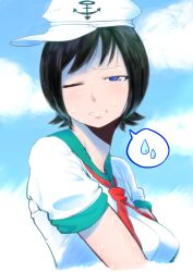 Rule 34 | 1girl, anchor symbol, black hair, blue eyes, blue sky, breasts, clenched teeth, cloud, commentary request, cookie (touhou), flat cap, hat, highres, hot, looking at viewer, looking to the side, medium breasts, milk (cookie), murasa minamitsu, neckerchief, one eye closed, parupunte (nicoseiga51964270), red neckerchief, sagging breasts, shirt, short bangs, short hair, short sleeves, sky, solo, spoken sweatdrop, sweat, sweatdrop, teeth, touhou, upper body, white hat, white shirt