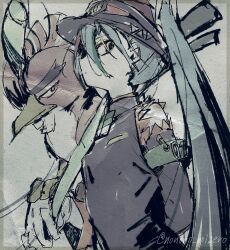 Rule 34 | 1girl, aqua hair, armband, bird, blue hair, brown hair, closed mouth, creatures (company), duck, fighting miku (project voltage), food, frown, galarian farfetch&#039;d, game freak, gloves, green armband, green eyes, hair between eyes, hatsune miku, highres, holding, holding food, holding spring onion, holding vegetable, light blue hair, long hair, long sleeves, multicolored eyes, multicolored hair, nintendo, nonono noizero, orange eyes, paperclip, pokemon, pokemon (creature), project voltage, sideways mouth, solo, spring onion, streaked hair, twintails, twitter username, vegetable, very long hair, visor cap, vocaloid, white gloves
