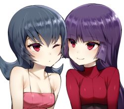 Rule 34 | 00s, 2girls, alternate color, bare shoulders, blue hair, blunt bangs, breasts, cleavage, creatures (company), dual persona, eye contact, game freak, gym leader, hizuki akira, long hair, looking at another, multiple girls, nintendo, one eye closed, pokemon, pokemon frlg, pokemon hgss, purple hair, red eyes, sabrina (pokemon), smile, white background