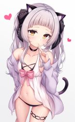 Rule 34 | 1girl, absurdres, animal ears, arata (xin), black tail, blunt bangs, breasts, brown eyes, cat ears, cat girl, cat tail, cleavage, closed mouth, collarbone, finger to mouth, grey background, hair ribbon, heart, highres, hololive, long hair, looking at viewer, murasaki shion, murasaki shion (gothic lolita), navel, ribbon, silver hair, simple background, small breasts, smile, solo, stomach, tail, tail raised, thighs, virtual youtuber, white background, yellow eyes