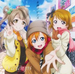 Rule 34 | 10s, 3girls, album cover, blue eyes, bow, brown hair, coat, cover, day, friends, fur trim, gloves, grin, group name, hair bow, hair bun, hair ornament, hat, highres, jacket, koizumi hanayo, kosaka honoka, long hair, looking at viewer, love live!, love live! school idol festival, love live! school idol project, minami kotori, mittens, multiple girls, non-web source, official art, open mouth, orange hair, outdoors, outstretched hand, printemps (love live!), purple eyes, scan, scarf, single hair bun, sky, smile, song name, winter clothes, winter coat