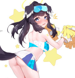 Rule 34 | 1girl, animal ears, ass, back, bare shoulders, bent over, black hair, blue archive, blush, breasts, cheerleader, crop top, dog ears, dog girl, dog tail, eyewear on head, from behind, goggles, goggles on head, halo, hibiki (blue archive), hibiki (cheer squad) (blue archive), highres, hoshi usagi, long hair, looking at viewer, looking back, medium breasts, midriff, millennium cheerleader outfit (blue archive), pleated skirt, pom pom (cheerleading), skirt, solo, star (symbol), sticker on face, surprised, tail, thighs, white background
