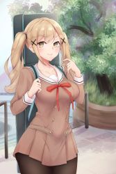 Rule 34 | 1girl, absurdres, bang dream!, black pantyhose, blonde hair, blush, breasts, brown dress, buttons, collarbone, commentary, copyright name, cowboy shot, double-breasted, dress, hair ornament, hanasakigawa school uniform, highres, ichigaya arisa, instrument, instrument case, instrument on back, kanotype, keyboard (instrument), large breasts, logo, long hair, long sleeves, looking at viewer, neck ribbon, outdoors, pantyhose, railing, red ribbon, ribbon, sailor dress, school uniform, shadow, sidelocks, smile, solo, standing, tree, twintails, x hair ornament, yellow eyes