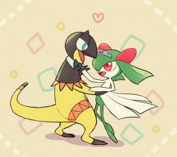 Rule 34 | beige background, blue eyes, blue neckwear, bow, bowtie, creatures (company), dancing, detached collar, eye contact, from side, full body, game freak, gen 3 pokemon, gen 6 pokemon, green hair, hair over one eye, holding hands, hands up, happy, heart, heliolisk, kirlia, looking at another, nintendo, no humans, open mouth, pokemon, pokemon (creature), red eyes, shiwo (siwosi), smile, standing, tiara