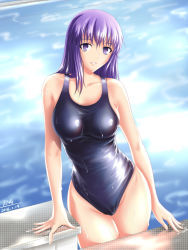 Rule 34 | 10s, 1girl, 2016, alternate costume, artist name, blue one-piece swimsuit, breasts, collarbone, cowboy shot, dated, dripping, fate/stay night, fate (series), long hair, looking at viewer, matou sakura, one-piece swimsuit, parted lips, pool, purple eyes, purple hair, rna (angel-smelter), sideboob, signature, solo, starting block, swimsuit, water, wet, wet clothes, wet hair