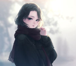 Rule 34 | 1girl, black eyes, black hair, black nails, blurry, blurry background, closed mouth, cold, fingernails, fur trim, highres, long hair, looking at viewer, mole, mole under eye, nail polish, ohagi (ymnky), original, scarf, signature, sleeves past wrists, solo, winter clothes