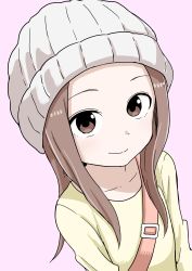 Rule 34 | 1girl, absurdres, beanie, brown eyes, brown hair, closed mouth, commentary request, forehead, hat, highres, inaba mifumi, karakai jouzu no takagi-san, long hair, long sleeves, looking at viewer, pink background, shirt, simple background, smile, solo, takagi-san, upper body, white hat, yellow shirt