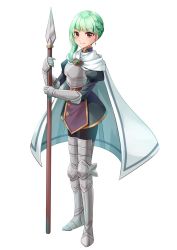 Rule 34 | 1girl, armor, armored boots, armored dress, boots, brown eyes, cape, earrings, gauntlets, green hair, jewelry, long sleeves, looking at viewer, medium hair, meldi (tear ring saga), migolu, second-party source, simple background, skirt, solo, tagme, vestaria saga, white background, white cape