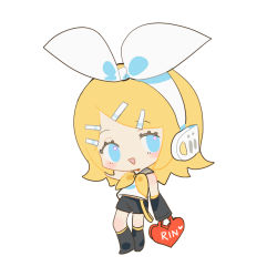 Rule 34 | 1girl, bag, black sailor collar, black shorts, black sleeves, blonde hair, blue eyes, bow, chibi, chinese commentary, detached sleeves, full body, hair bow, headset, heart, heart-shaped bag, highres, holding, holding bag, indai (3330425), kagamine rin, light blush, looking at viewer, medium hair, neckerchief, open mouth, parted bangs, red bag, sailor collar, sailor shirt, shirt, shorts, simple background, sleeveless, sleeveless shirt, smile, solo, standing, vocaloid, white background, white bow, white shirt, yellow neckerchief