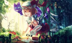 Rule 34 | 1girl, alice in wonderland, blonde hair, cake, card, caterpillar (alice in wonderland), cheshire cat (alice in wonderland), chocolate cake, club (shape), cup, day, diamond (shape), flandre scarlet, fly agaric, food, grin, hair between eyes, hat, hat ribbon, heart, looking at viewer, mad hatter (alice in wonderland), mob cap, monocle, mushroom, nakaichi (ridil), outdoors, playing card, pocket watch, pouring, puffy short sleeves, puffy sleeves, rabbit, red eyes, red ribbon, red skirt, ribbon, sharp teeth, short sleeves, skirt, smile, solo, striped, table, tea, teacup, teapot, teeth, touhou, watch, white hat, white rabbit (alice in wonderland)