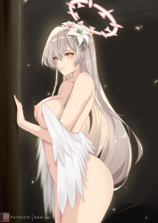 Rule 34 | 1girl, absurdres, amai-pai, artist name, blue archive, breasts, closed mouth, completely nude, cowboy shot, feathered wings, flower, grey hair, hair flower, hair ornament, halo, highres, indoors, large breasts, light particles, long hair, looking at viewer, nagisa (blue archive), nipples, nude, smile, very long hair, white flower, white wings, wings, yellow eyes