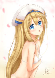 Rule 34 | 10s, 1girl, bikini, blonde hair, blue eyes, breasts, cleavage, from side, goblin slayer!, hat, long hair, looking at viewer, navel, open mouth, priestess (goblin slayer!), reiya, small breasts, solo, swimsuit, upper body, very long hair, white bikini