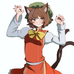 Rule 34 | 1girl, absurdres, bow, bowtie, brown eyes, brown hair, cat, cat girl, cat tail, chen, fingernails, green hat, hat, highres, jacket, long sleeves, mesuosushi, multiple tails, red jacket, red nails, red skirt, sharp fingernails, shirt, short hair, skirt, smile, solo, tail, touhou, white background, white shirt, yellow bow, yellow bowtie