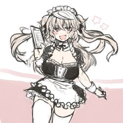 Rule 34 | &gt;:d, 1girl, :d, apron, blonde hair, blush, breasts, cleavage, clipboard, dress, elsie-san (oshiruko), fang, female focus, large breasts, maid, maid apron, maid headdress, naughty face, open mouth, original, oshiruko (tsume), red eyes, seductive smile, short hair with long locks, sketch, smile, solo, star (symbol), thighhighs, two side up, v-shaped eyebrows, wavy hair, white thighhighs, wrist cuffs