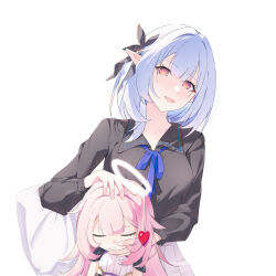 Rule 34 | 1059980858, 2girls, absurdres, black shirt, blue bow, blue bowtie, blue hair, bow, bowtie, breasts, closed eyes, collarbone, collared shirt, elf, elf elysia, elysia (honkai impact), hair ornament, halo, heart, herrscher of corruption, highres, honkai (series), honkai impact 3rd, long hair, looking at viewer, multiple girls, open mouth, orange eyes, pink hair, pointy ears, shirt, white background