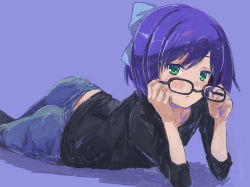 Rule 34 | 1girl, a-chan (1st costume) (hololive), a-chan (hololive), adjusting eyewear, ass, black shirt, blush, bow, denim, glasses, green eyes, hair bow, hololive, jeans, looking at viewer, lying, on stomach, pants, parted bangs, parted lips, purple background, purple eyes, shirt, short hair, simple background, solo, swept bangs, t-shirt, traditional media, virtual youtuber, yohane