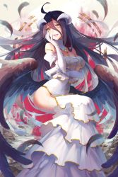 Rule 34 | 1girl, albedo (overlord), black feathers, black hair, black wings, demon girl, demon horns, demon wings, dress, feathered wings, feathers, gloves, highres, hip vent, horns, kyurin (sunnydelight), lich, low wings, overlord (maruyama), slit pupils, solo, white dress, white gloves, wings, yellow eyes