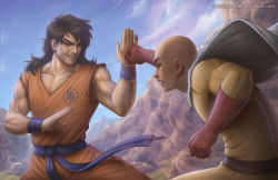 Rule 34 | 2boys, bald, black hair, blocking, brown eyes, cape, commentary, crossover, dragon ball, dragonball z, male focus, mountain, multiple boys, one-punch man, punching, realistic, saitama (one-punch man), sam delatore, scar, smile, surprised, yamcha